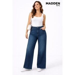 Madden‎ NYC Wide Leg Jeans XXS Blue Denim Elastic Waist Cross Over Waistband New